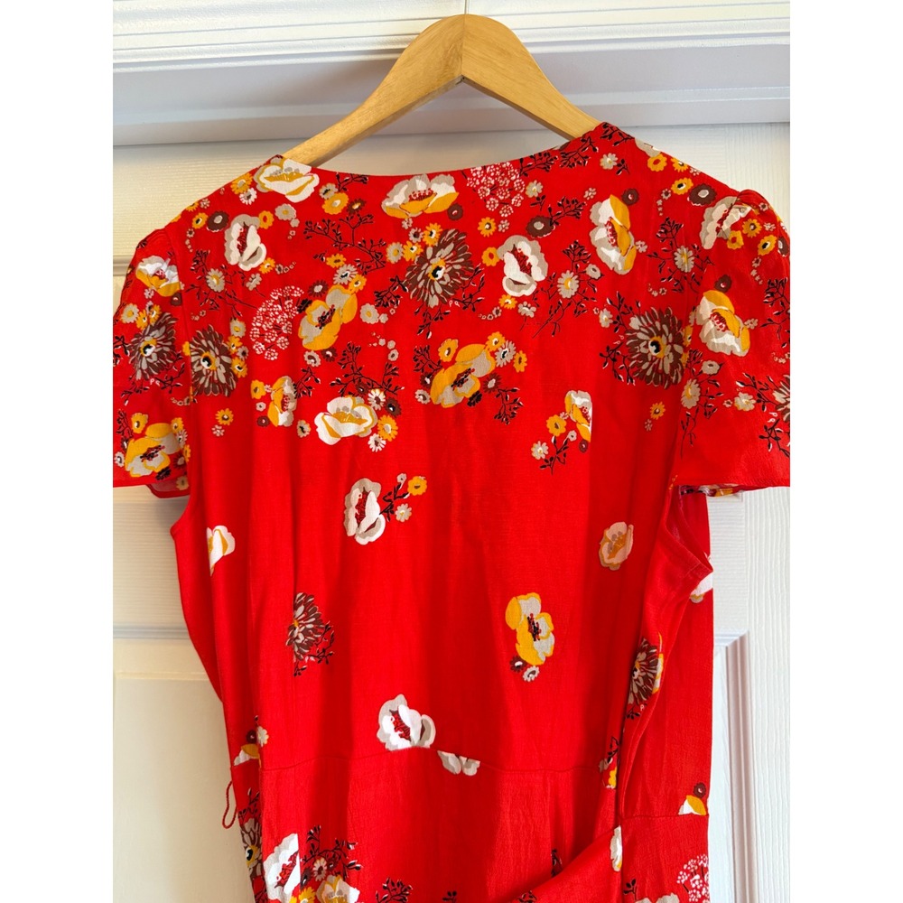 Free People Wrap Dress Women Large Red Floral Flutter Sleeve V-Neck Maxi Boho - Picture 6 of 9